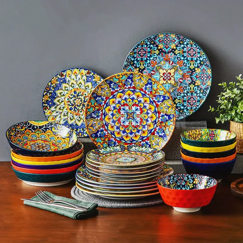 24pcs Dinner Set Stoneware Bohemian Style Tableware With Dinner Plate Dessert Plate Pasta Bowl Cereal Bowls Service for 6