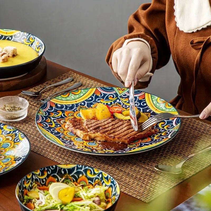 24pcs Dinner Set Stoneware Bohemian Style Tableware With Dinner Plate Dessert Plate Pasta Bowl Cereal Bowls Service for 6