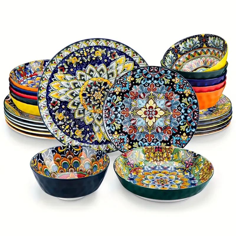 24pcs Dinner Set Stoneware Bohemian Style Tableware With Dinner Plate Dessert Plate Pasta Bowl Cereal Bowls Service for 6
