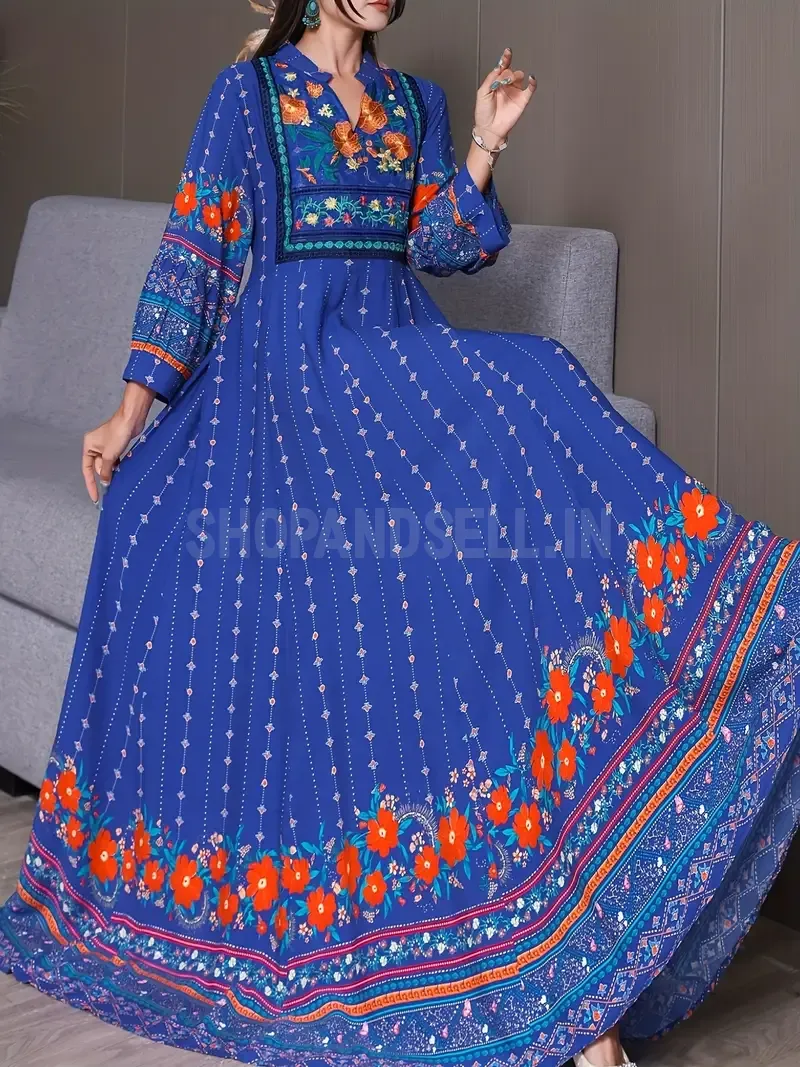 Elegant Blue Bohemian Maxi Dress with Intricate Embroidery